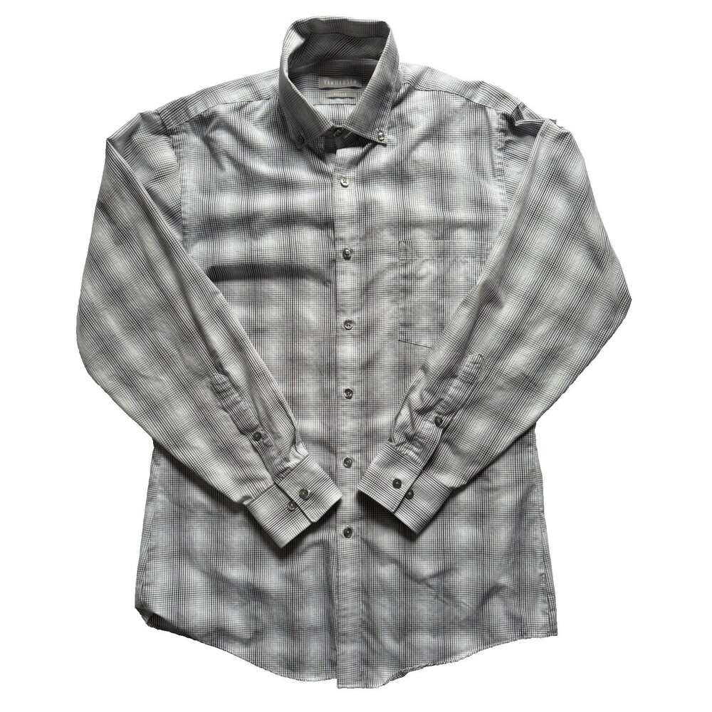 Van Heusen Fitted Wrinkle Free Dress Shirt Mens 15 32/33 Plaid Gray Button Down